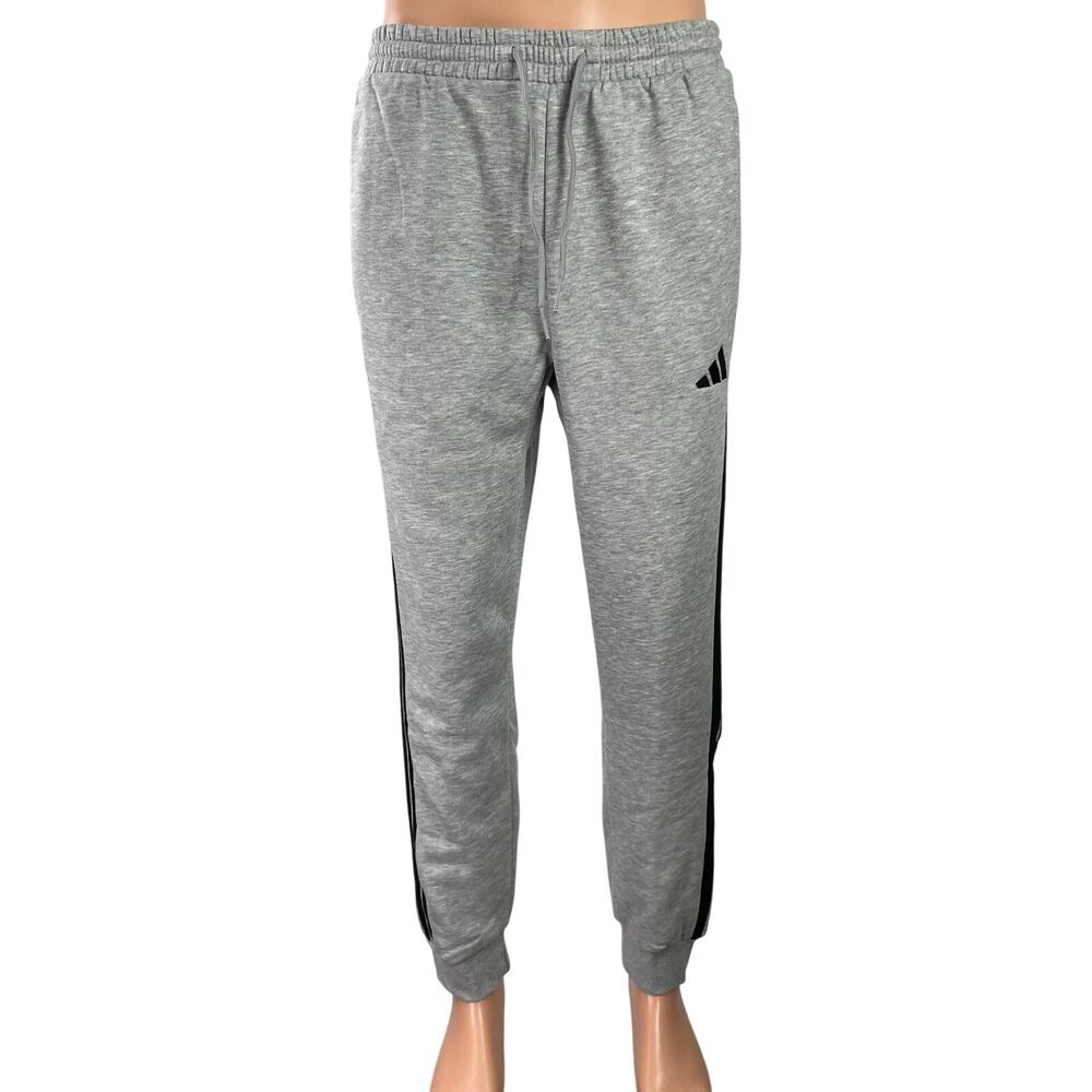 NEW Adidas Essentials 3-Stripes Fleece Mens Gray Drawstring Jogger Sweat Pants M
